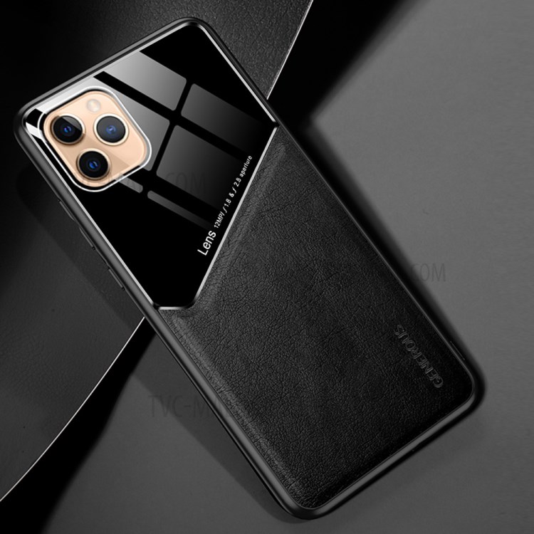 For iPhone 12 Pro / 12 6.1 inch Leather Coated Glass PC TPU Hybrid Cover with Built-in Magnetic Metal Sheet - Black-2