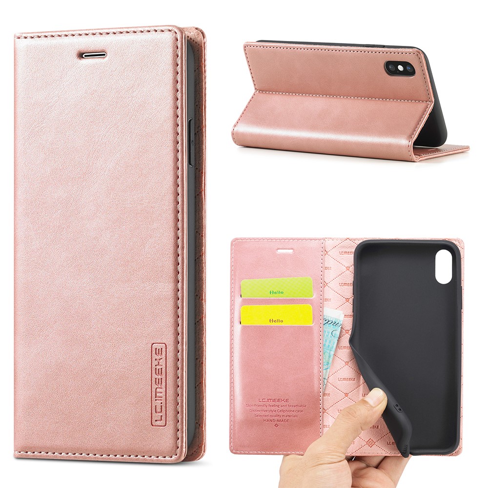 LC.IMEEKE Leather Wallet Stand Strong Magnetic Phone Protective Shell for iPhone XS Max - Rose Gold