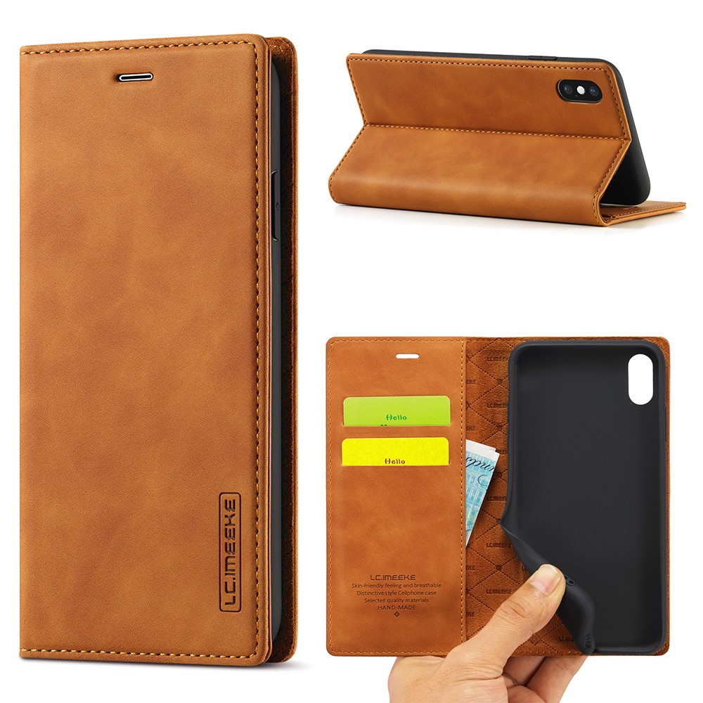 LC.IMEEKE Leather Wallet Stand Strong Magnetic Phone Protective Shell for iPhone XS Max - Brown