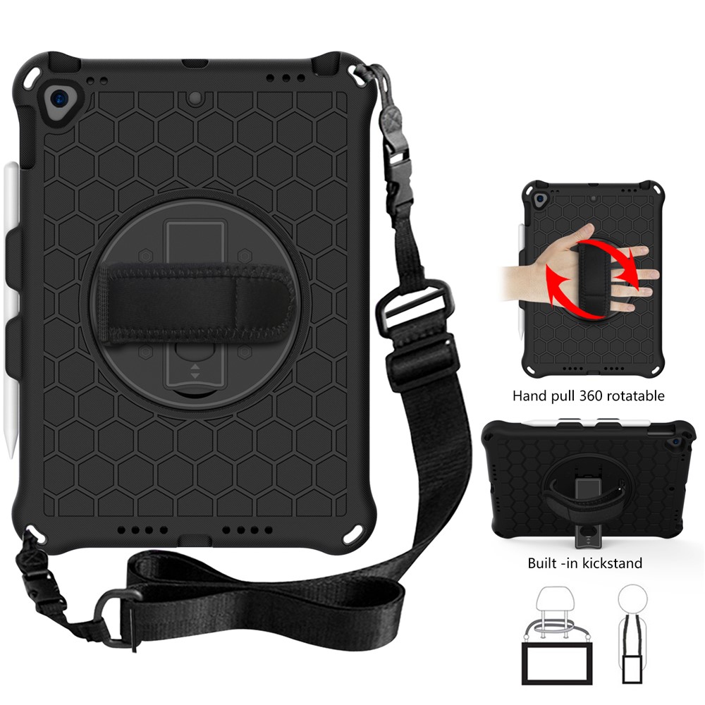 Honeycomb Texture Swivel Kickstand Shoulder Strap + Handy Strap Tablet Cover Case for iPad 10.2 (2019)/(2020) - Black/Black-1