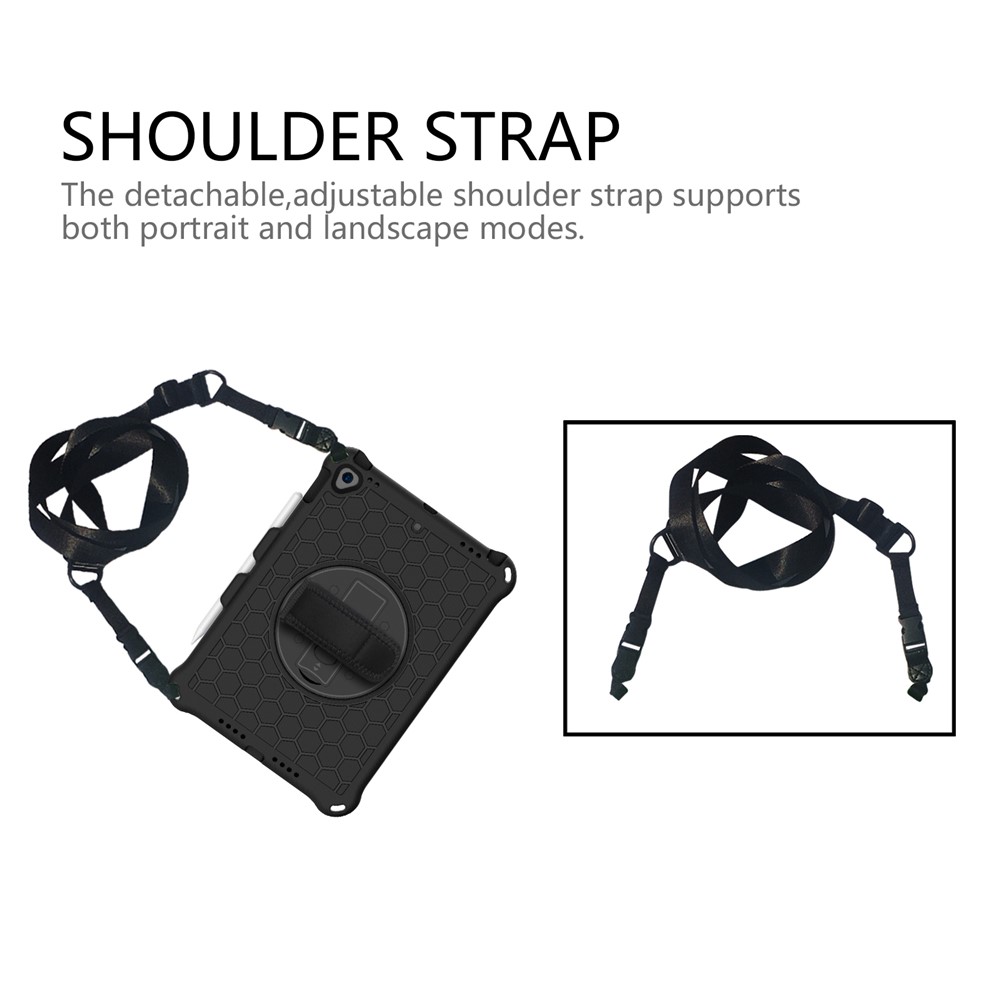 Honeycomb Texture Swivel Kickstand Shoulder Strap + Handy Strap Tablet Cover Case for iPad 10.2 (2019)/(2020) - Black/Black-2