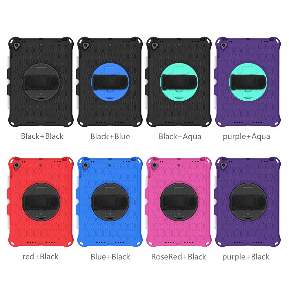 Honeycomb Texture Swivel Kickstand Shoulder Strap + Handy Strap Tablet Cover Case for iPad 10.2 (2019)/(2020) - Black/Black-3