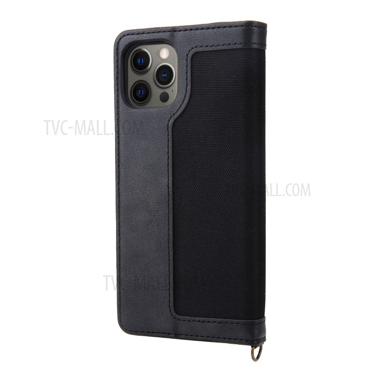 CMAI2 Jeans Cloth Skin Leather Wallet Phone Case for iPhone 12 Pro Max - Black-2
