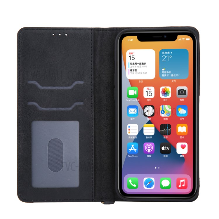 CMAI2 Jeans Cloth Skin Leather Wallet Phone Case for iPhone 12 Pro Max - Black-4
