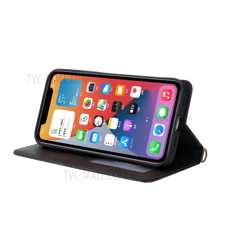CMAI2 Jeans Cloth Skin Leather Wallet Phone Case for iPhone 12 Pro Max - Black-5