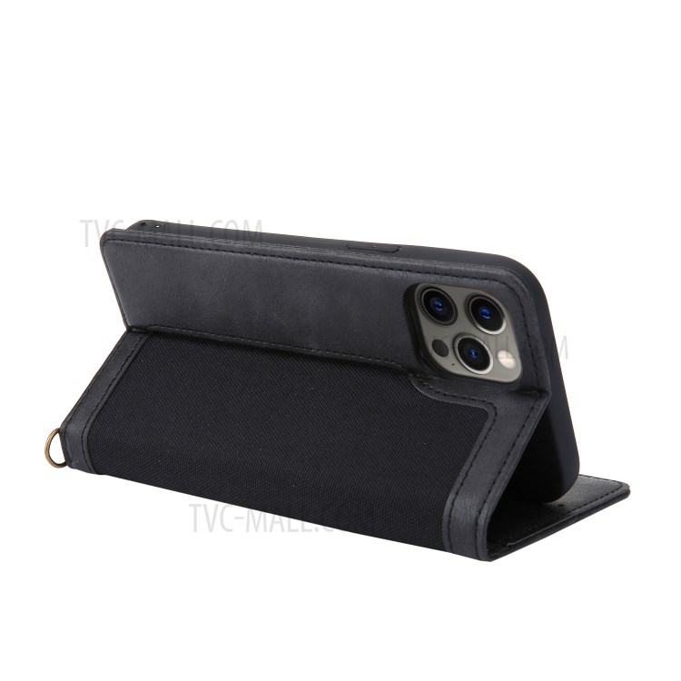 CMAI2 Jeans Cloth Skin Leather Wallet Phone Case for iPhone 12 Pro Max - Black-6