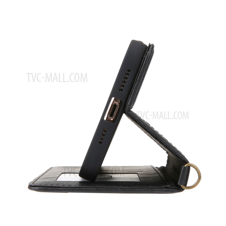 CMAI2 Jeans Cloth Skin Leather Wallet Phone Case for iPhone 12 Pro Max - Black-7