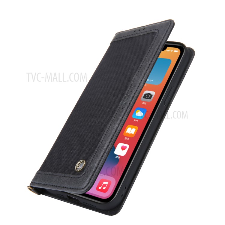 CMAI2 Jeans Cloth Skin Leather Wallet Phone Case for iPhone 12 Pro Max - Black-8
