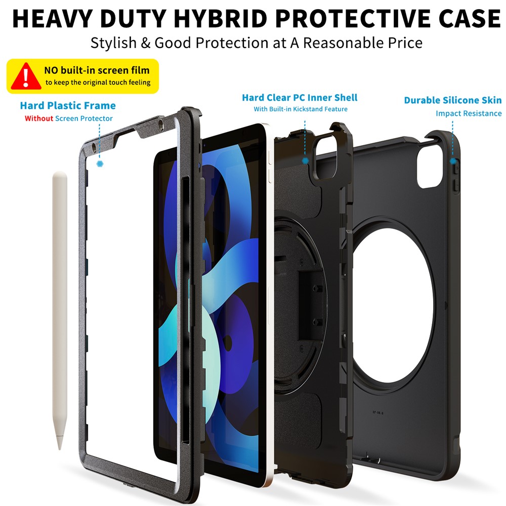 PC + TPU Cover Case with Pen Slot and 360° Swivel Kickstand Shell for iPad Air (2020) - Black-12