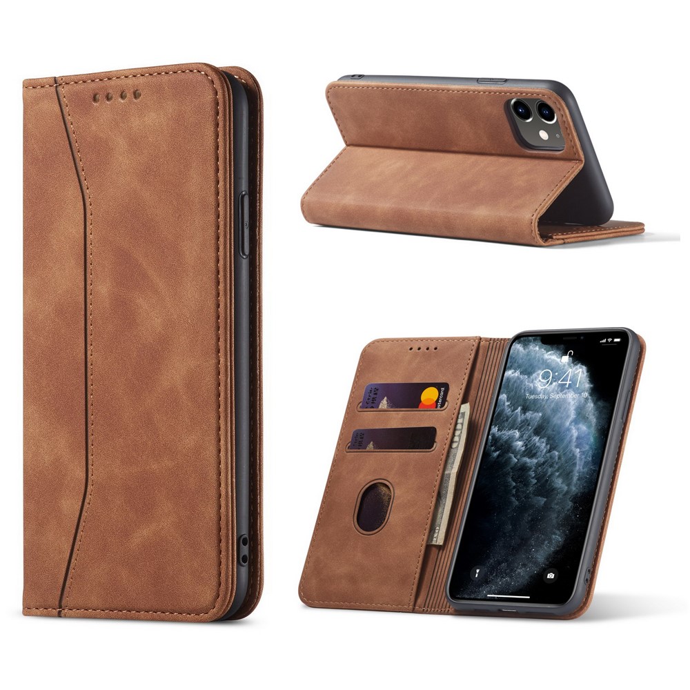 Fantasy Series Auto-absorbed Leather Wallet Stand Case for iPhone 12 mini 5.4 inch - Brown