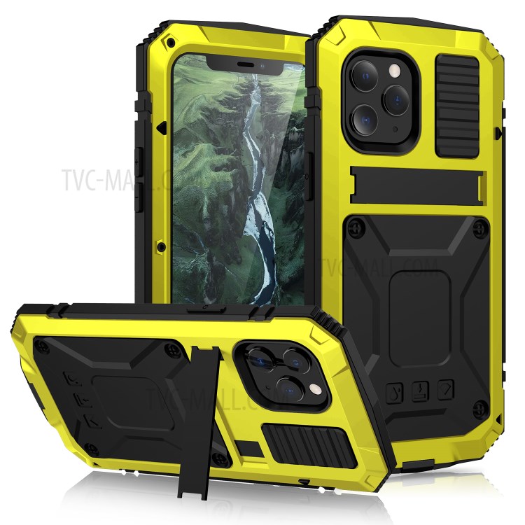 Shockproof Metal + Tempered Glass + TPU Reinforced Protector Case for iPhone 12 Pro Max - Yellow-1