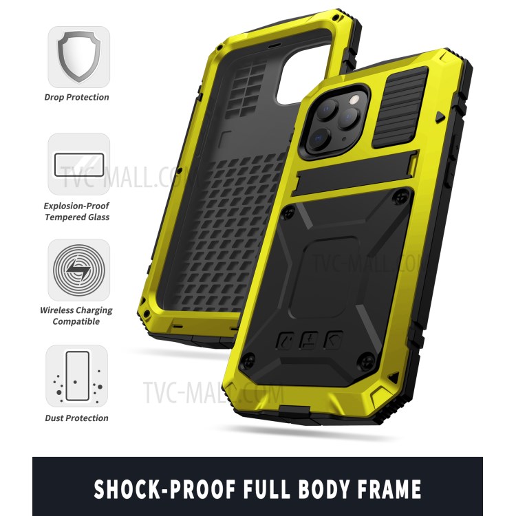 Shockproof Metal + Tempered Glass + TPU Reinforced Protector Case for iPhone 12 Pro Max - Yellow-3