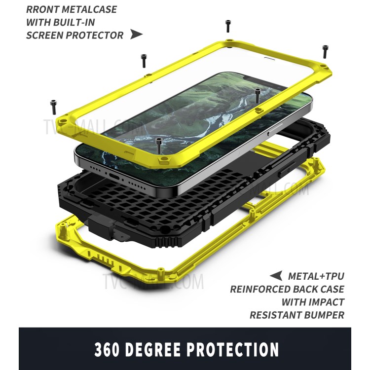 Shockproof Metal + Tempered Glass + TPU Reinforced Protector Case for iPhone 12 Pro Max - Yellow-5