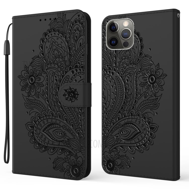 Phoenix Pattern Imprinting Wallet Stand Leather Phone Protective Shell for iPhone 12 Pro Max - Black-1