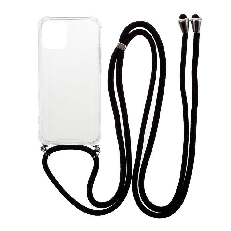 Anti-fall Case for iPhone 12 Pro Max Glossy TPU+Acrylic Cover with Textile Lanyard - Black-1