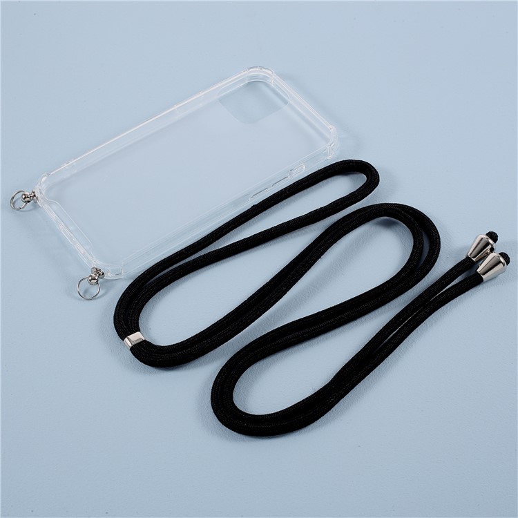 Anti-fall Case for iPhone 12 Pro Max Glossy TPU+Acrylic Cover with Textile Lanyard - Black-11