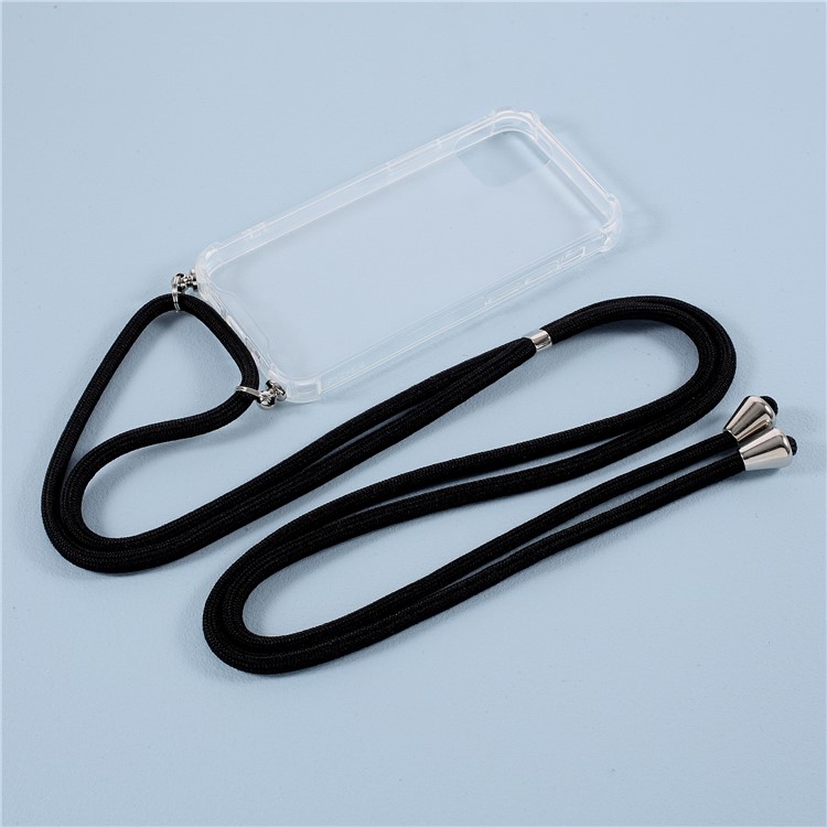 Anti-fall Case for iPhone 12 Pro Max Glossy TPU+Acrylic Cover with Textile Lanyard - Black-2