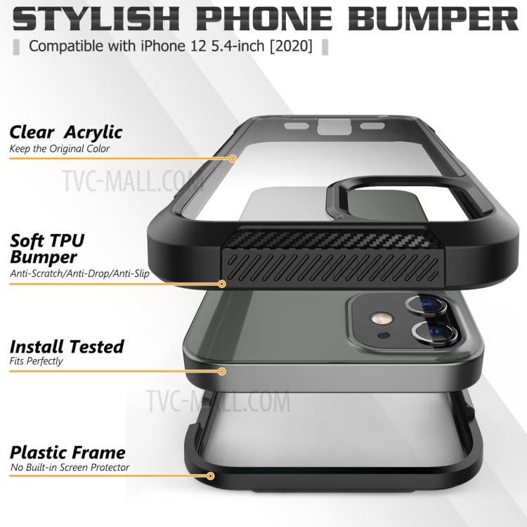 Thickened Non-slip Acrylic+TPU+Plastic Phone Case for iPhone 12 Mini - Black-3