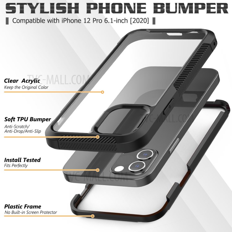 Thickened Non-slip Acrylic+TPU+Plastic Phone Case for iPhone 12 Pro / iPhone 12 - Black-3