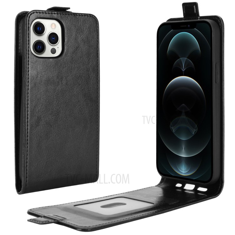Vertical Flip Cover for iPhone 12 Pro Max Crazy Horse Texture Leather Case - Black-1