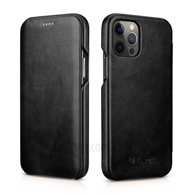 ICARER Retro Genuine Leather Curved Edge Flip Phone Shell for iPhone 12 Pro Max - Black-1
