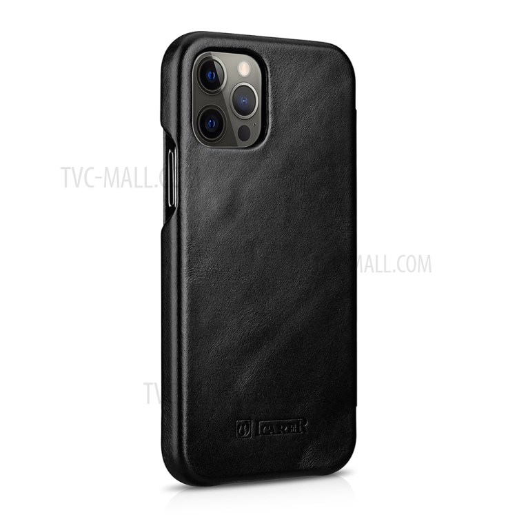 ICARER Retro Genuine Leather Curved Edge Flip Phone Shell for iPhone 12 Pro Max - Black-2