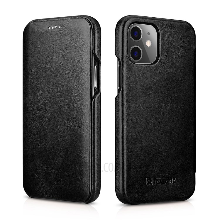 ICARER Curved Screen Retro Genuine Leather Flip Phone Shell for iPhone 12 mini - Black-1