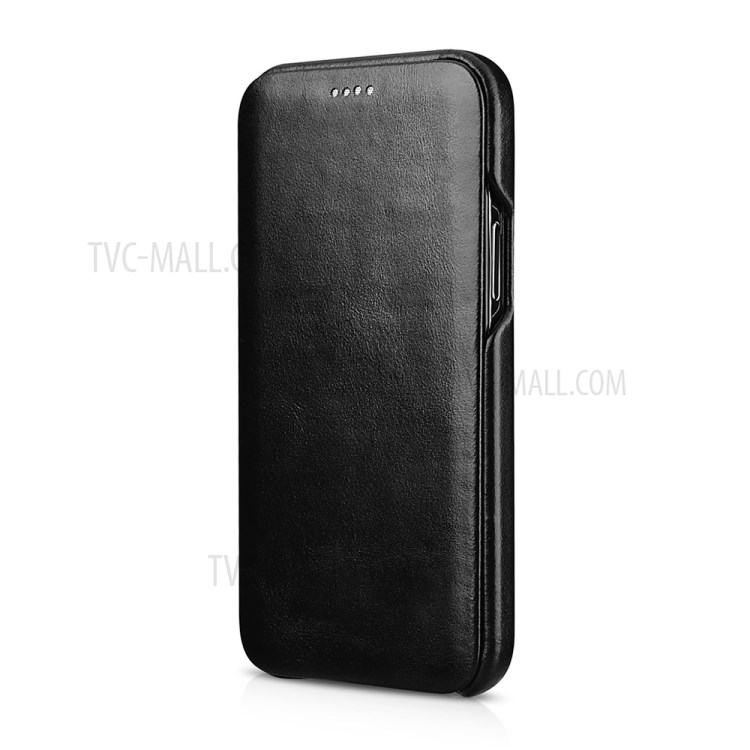 ICARER Curved Screen Retro Genuine Leather Flip Phone Shell for iPhone 12 mini - Black-2