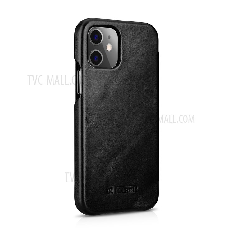 ICARER Curved Screen Retro Genuine Leather Flip Phone Shell for iPhone 12 mini - Black-3