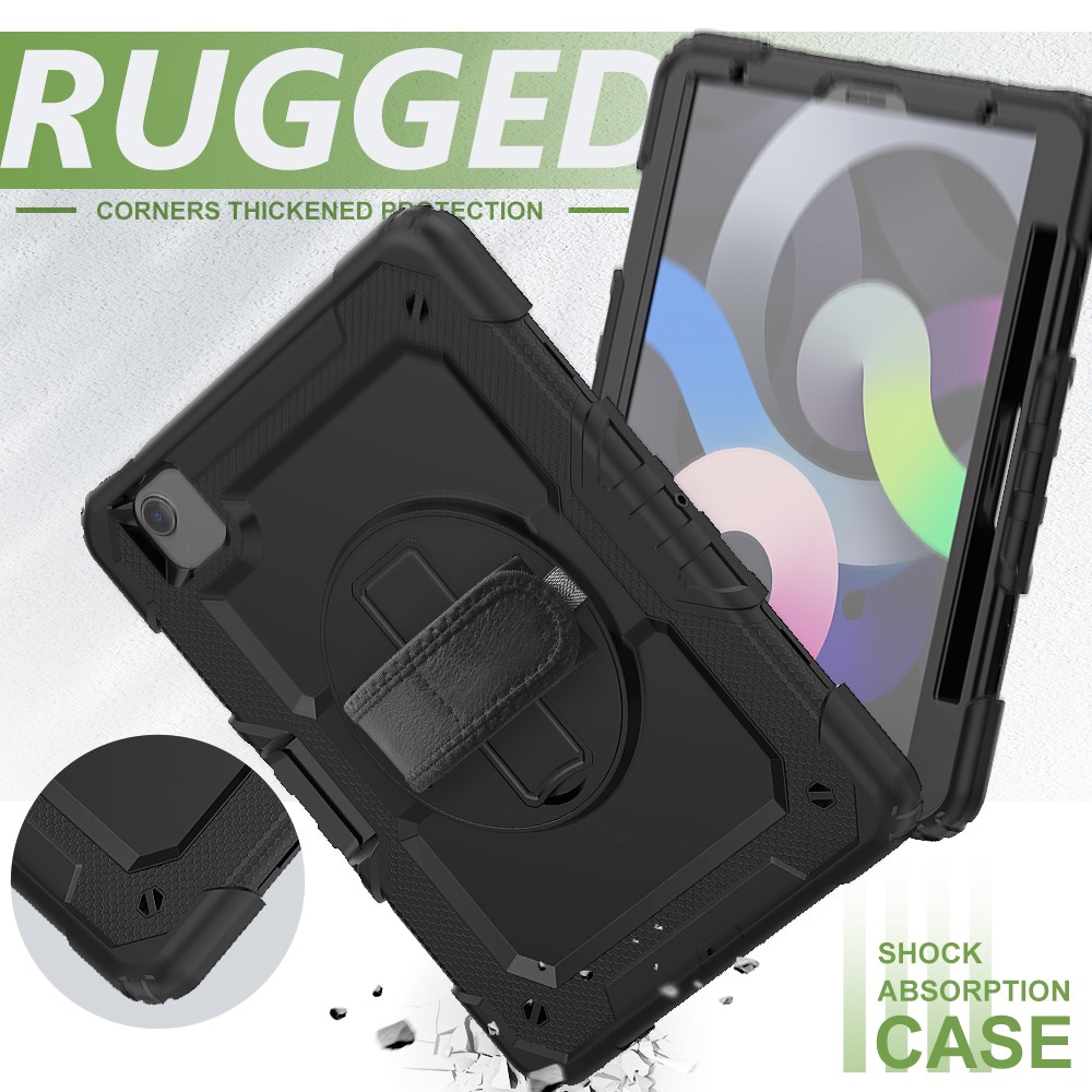 PC + Silicone + 360° Swivel Kickstand Tablet Combo Shell with Built-in Handy Strap and Shoulder Strap - Black/Black-5