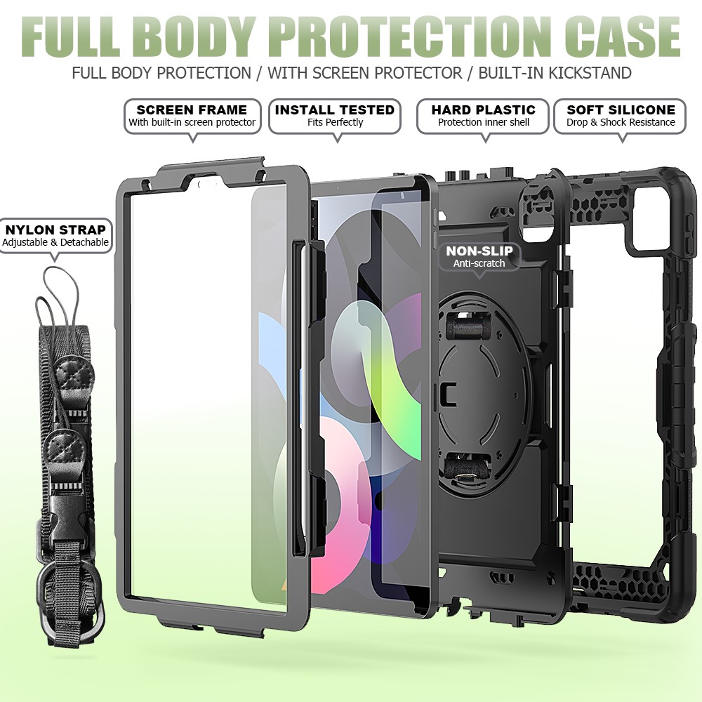 PC + Silicone + 360° Swivel Kickstand Tablet Combo Shell with Built-in Handy Strap and Shoulder Strap - Black/Black-8