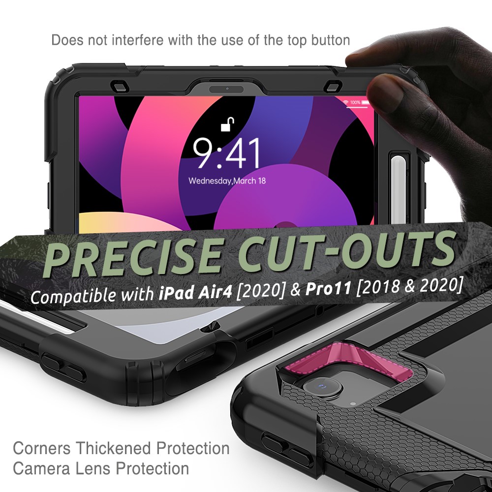 PC + Silicone + 360° Swivel Kickstand Tablet Combo Shell with Built-in Handy Strap and Shoulder Strap - Black/Black-9