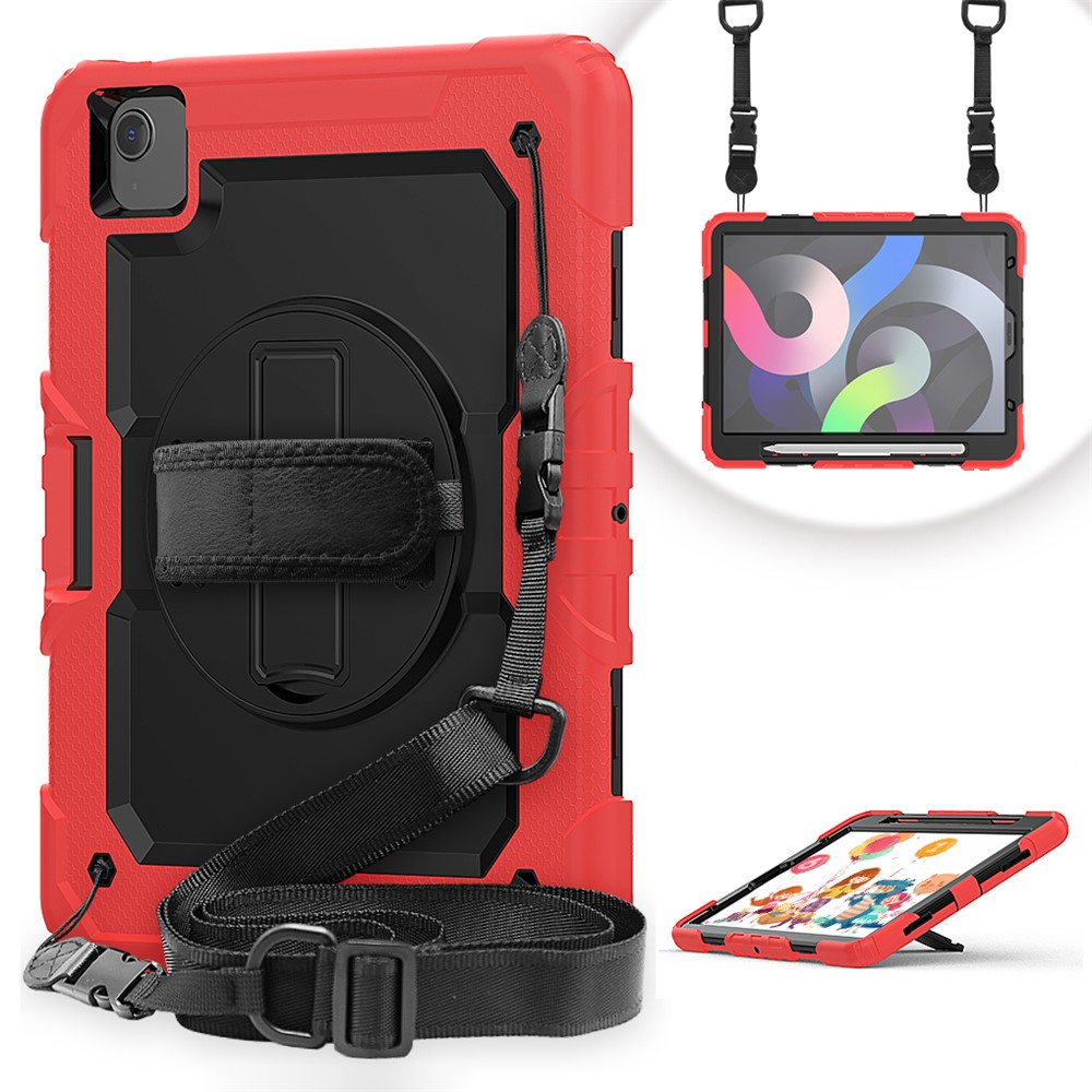 For Apple iPad Air (2020) / Air (2022) / Pro 11-inch  (2020) (2021) (2022) PC + Silicone 360° Swivel Kickstand Tablet Case with Handy Strap and Shoulder Strap - Red / Black