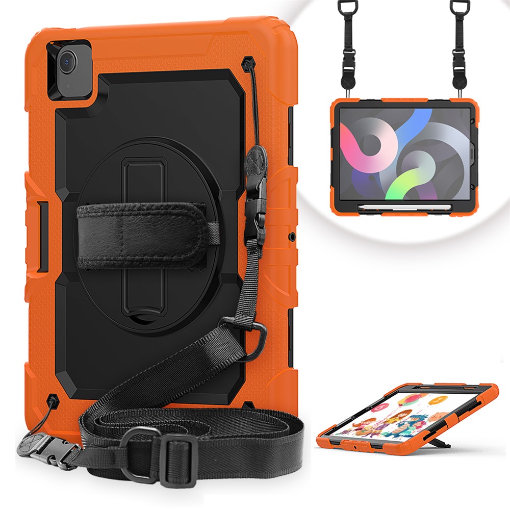 For Apple iPad Air (2020) / Air (2022) / Pro 11-inch  (2020) (2021) (2022) PC + Silicone 360° Swivel Kickstand Tablet Case with Handy Strap and Shoulder Strap - Orange / Black