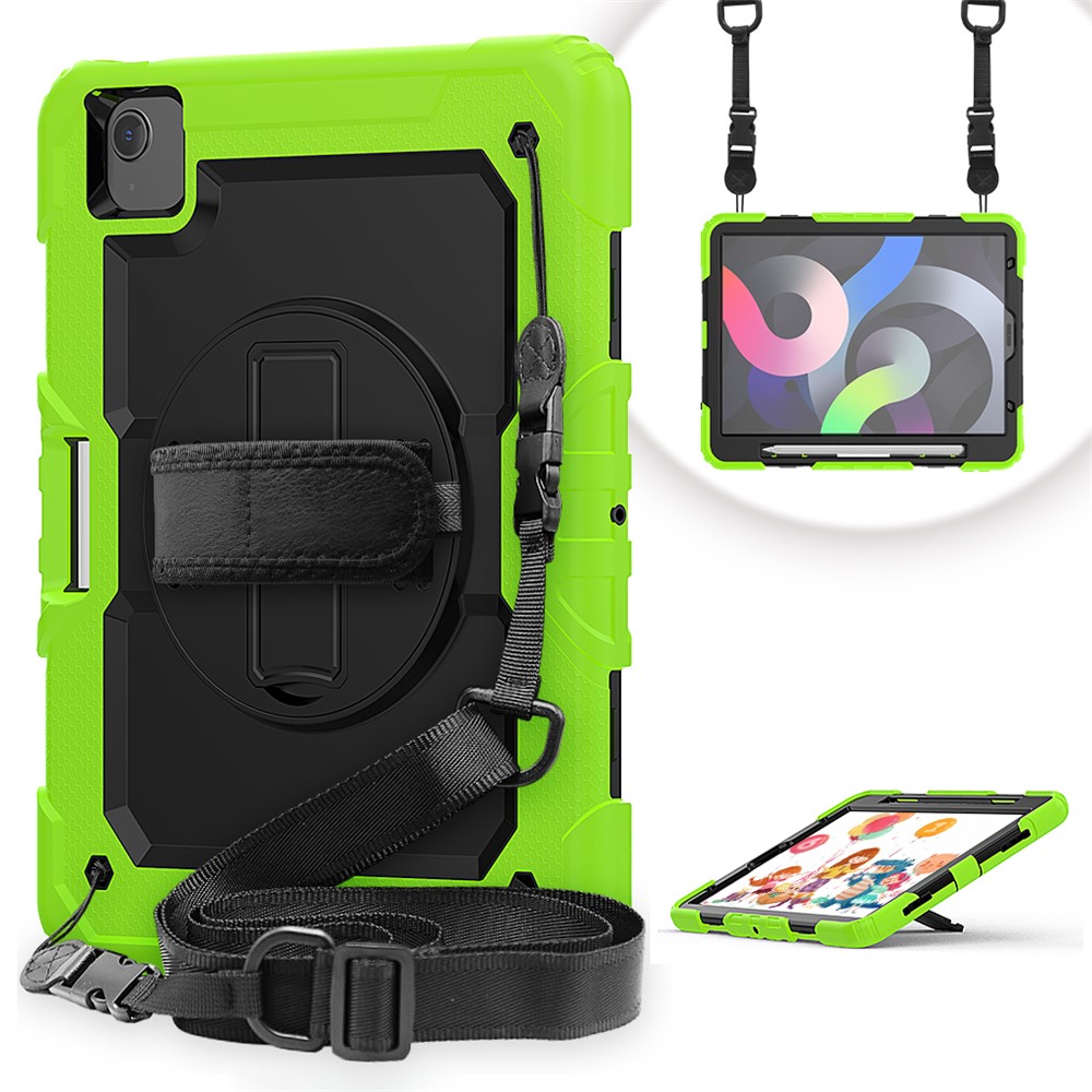 For Apple iPad Air (2020) / Air (2022) / Pro 11-inch  (2020) (2021) (2022) PC + Silicone 360° Swivel Kickstand Tablet Case with Handy Strap and Shoulder Strap - Green / Black