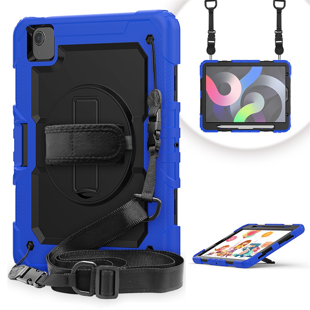 For Apple iPad Air (2020) / Air (2022) / Pro 11-inch  (2020) (2021) (2022) PC + Silicone 360° Swivel Kickstand Tablet Case with Handy Strap and Shoulder Strap - Blue / Black
