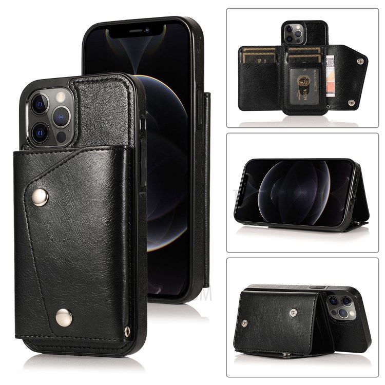 Buckled Wallet Phone Protective Shell with Kickstand and Wrist Strap for iPhone 12/12 Pro - Black-1