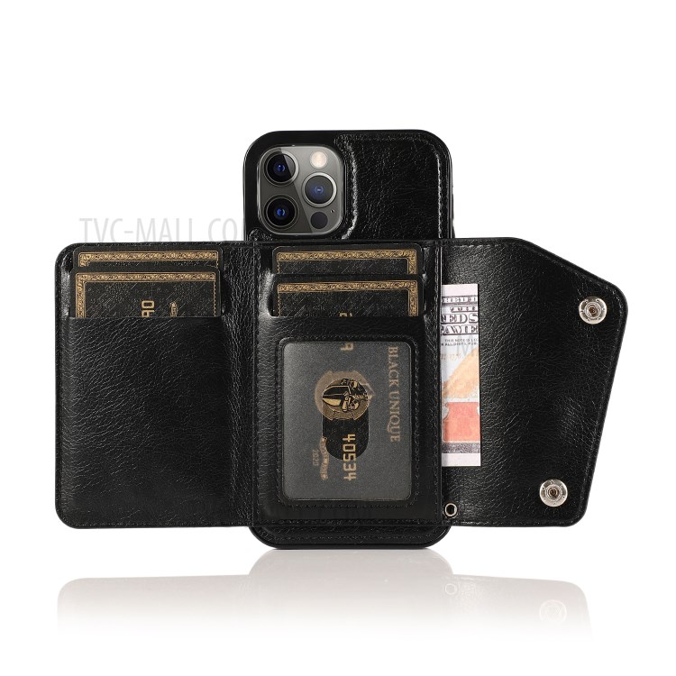 Buckled Wallet Phone Protective Shell with Kickstand and Wrist Strap for iPhone 12/12 Pro - Black-3