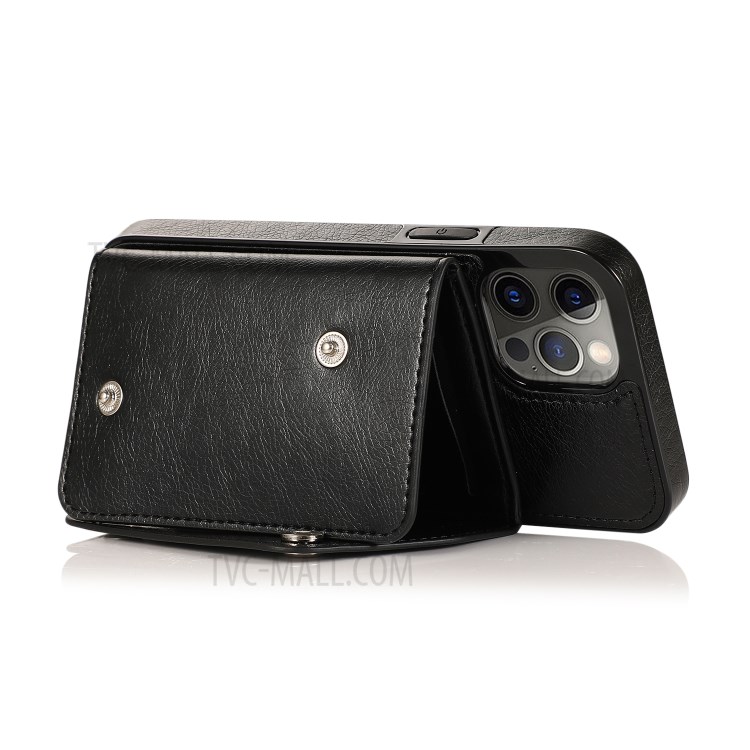 Buckled Wallet Phone Protective Shell with Kickstand and Wrist Strap for iPhone 12/12 Pro - Black-4