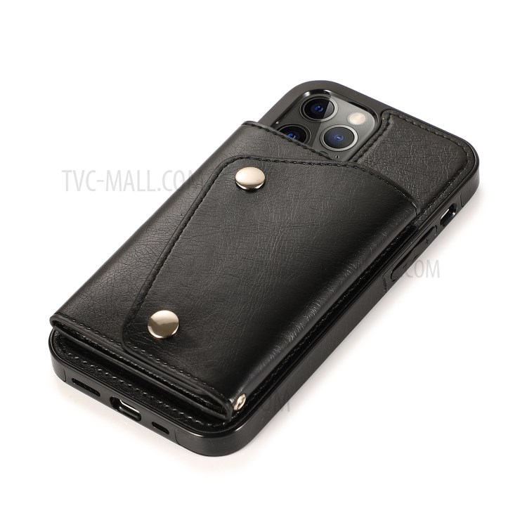 Buckled Wallet Phone Protective Shell with Kickstand and Wrist Strap for iPhone 12/12 Pro - Black-6
