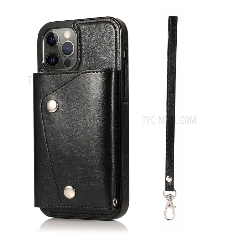 Buckled Wallet Phone Protective Shell with Kickstand and Wrist Strap for iPhone 12/12 Pro - Black-7