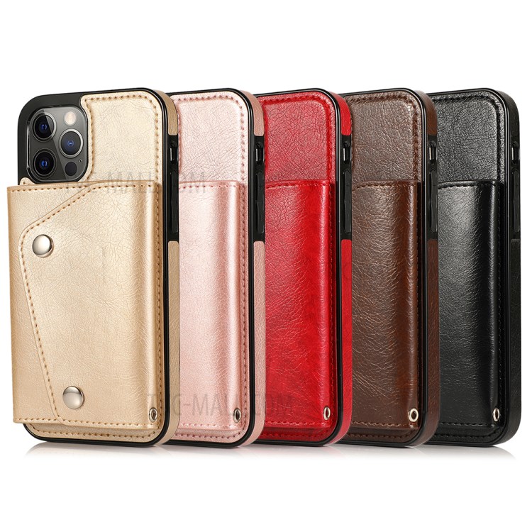 Buckled Wallet Phone Protective Shell with Kickstand and Wrist Strap for iPhone 12/12 Pro - Black-8