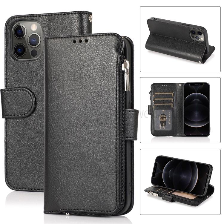 Microfiber Litchi Texture Leather Zippered Wallet Phone Protective Shell for iPhone 12/12 Pro - Black-1