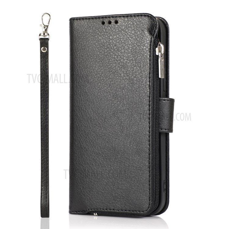 Microfiber Litchi Texture Leather Zippered Wallet Phone Protective Shell for iPhone 12/12 Pro - Black-2