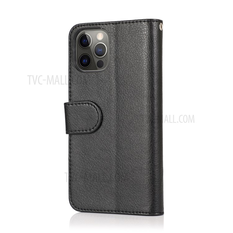 Microfiber Litchi Texture Leather Zippered Wallet Phone Protective Shell for iPhone 12/12 Pro - Black-3