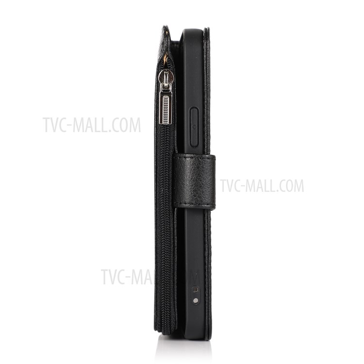Microfiber Litchi Texture Leather Zippered Wallet Phone Protective Shell for iPhone 12/12 Pro - Black-4