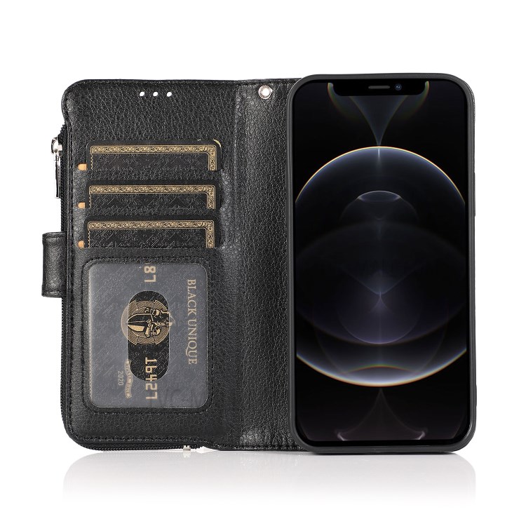 Microfiber Litchi Texture Leather Zippered Wallet Phone Protective Shell for iPhone 12/12 Pro - Black-7