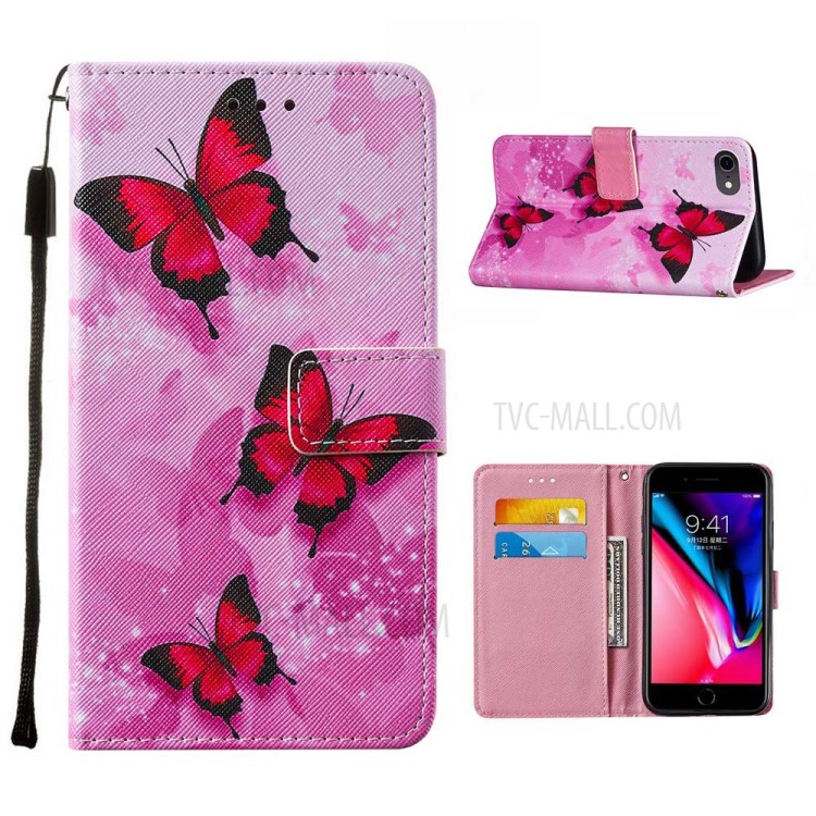 Pattern Printing Leather Phone Wallet Stand Protective Case for iPhone 7/8/SE (2nd Generation) - Red Butterfly-1