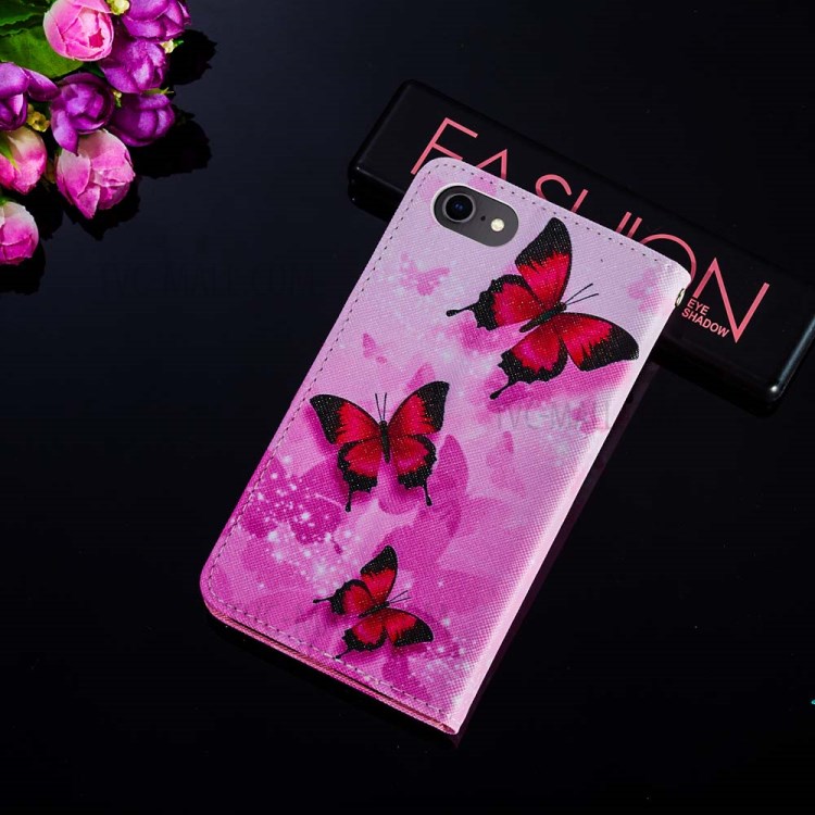 Pattern Printing Leather Phone Wallet Stand Protective Case for iPhone 7/8/SE (2nd Generation) - Red Butterfly-8