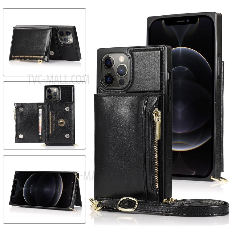 Zippered Wallet Phone Protective Case with Kickstand and Shoulder Strap for iPhone 12 Pro Max - Black-1